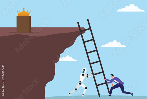 Vector illustration of a businessman and robot lifting a ladder to reach a crown on a cliff, symbolizing teamwork between humans and ai striving for success and leadership
