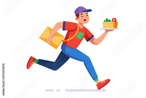 Prompt Delivery: A lively illustration captures a delivery person swiftly navigating the streets. He is on a mission to provide both a delicious dish and exceptional service to every customers.