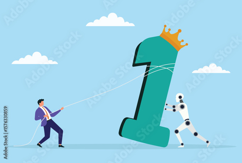 Vector illustration of a businessman and robot working together to raise a giant crowned number one, symbolizing the power of human and ai partnership in achieving top success
