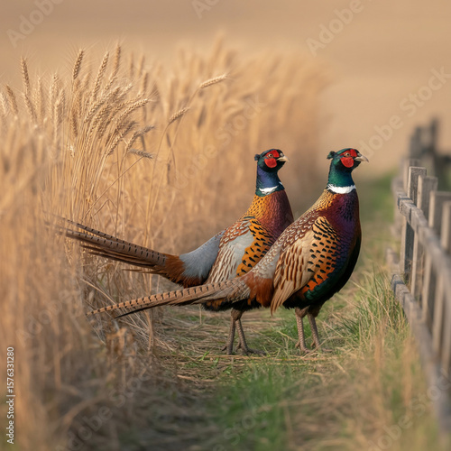 Tableau sur toile Two male ring necked pheasants in a field with wheat