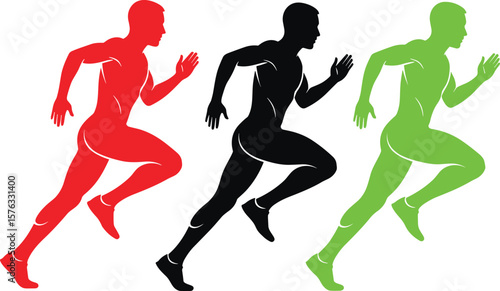 Running Men Silhouettes, Athletic Training, Sprinting Forward, Competitive Spirit, Health and Wellness, Active Lifestyle, Marathon Preparation, Sportive Energy, Dynamic Movement.