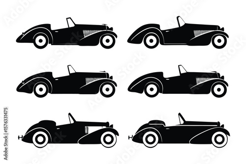 Vintage Car Silhouette Collection: A set of elegant black vintage car silhouettes, evoking a sense of classic automotive design and historical charm. These iconic vehicles represent a bygone era.