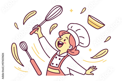 Joyful Baker: A cheerful woman baker in a chef's hat and apron joyfully celebrates while whisking ingredients in a whimsical kitchen scene, animated in a cheerful style.