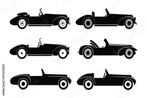 Timeless Silhouettes of Speed: A captivating collection of vintage roadsters, rendered in sleek black silhouettes, captures the essence of classic automotive design and the thrill of the open road.
