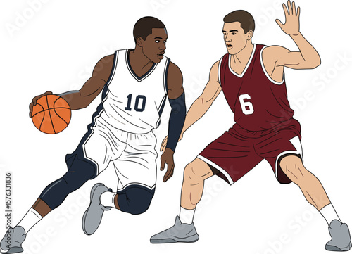 Professional Basketball Game, Players in Action, Dribbling Ball, Defending Opponent, Sportive Competition, Athletic Prowess, Teamwork and Strategy, Court Play, Dynamic Illustration, Male Athletes.