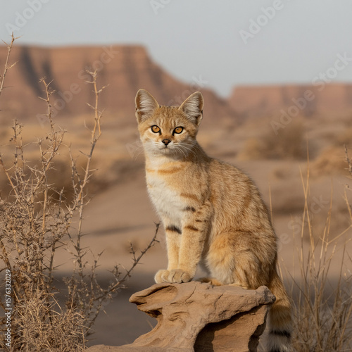 Sand cat perched on rock in desert landscape wild cat 1