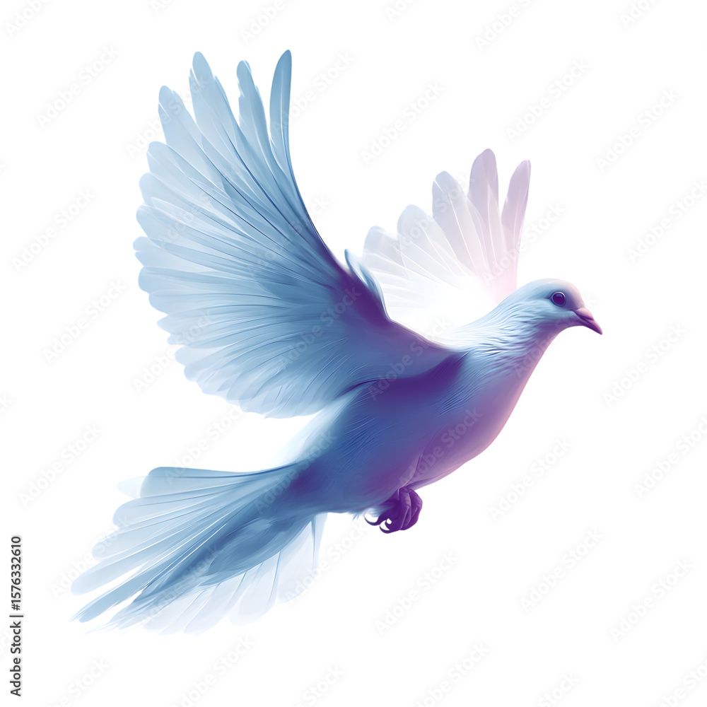 Obraz premium Dove of Serenity: A radiant dove, a universal symbol of peace, gracefully soars through the air, its wings outstretched, radiating a sense of tranquility and hope.