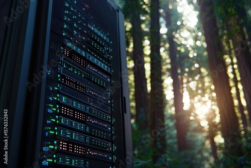 Wallpaper Mural A server rack glows in a sun-dappled redwood forest, symbolizing sustainable data centers. Torontodigital.ca