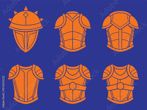 Collection of Orange Knight Armor and Helmets on a Dark Blue Background