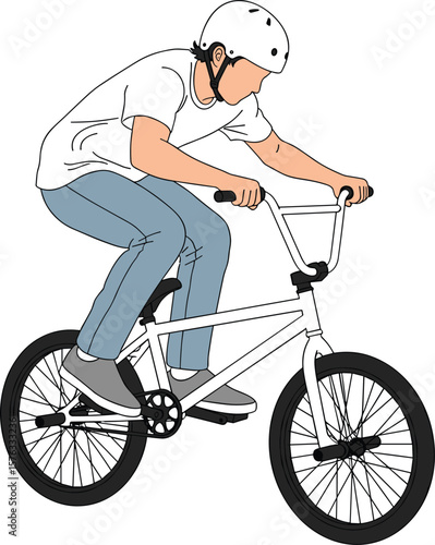 Teenager Riding BMX Bike, Action Sport Illustration, Cycling Hobby, Urban Freestyle, Active Lifestyle, Outdoor Adventure, Extreme Fun, Youthful Energy, Bike Enthusiast, Protective Gear.