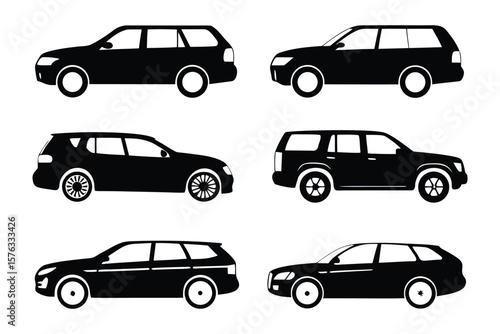 Vehicle silhouettes: A collection of sleek car silhouettes showcases various vehicle models in monochrome, perfect for design and automotive themes. 