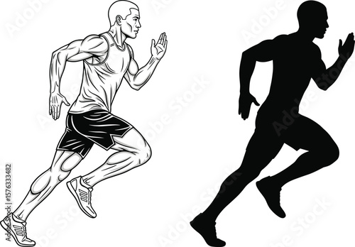 Dynamic Male Runner in Full Sprint Illustration, Athletic Man Exercising, Fitness and Sports Concept, Isolated Vector Silhouette and Detailed Outline.