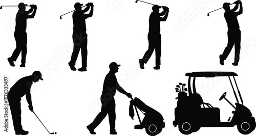 Golfing scene with multiple silhouette illustrations of men playing golf, along with a cart and caddie, perfect for athletic and recreational designs.