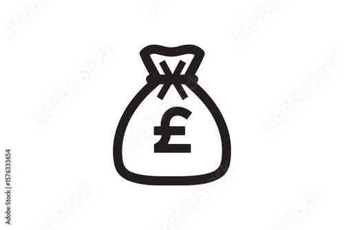 Simple outline icon of a money bag with a pound sterling symbol on a white background