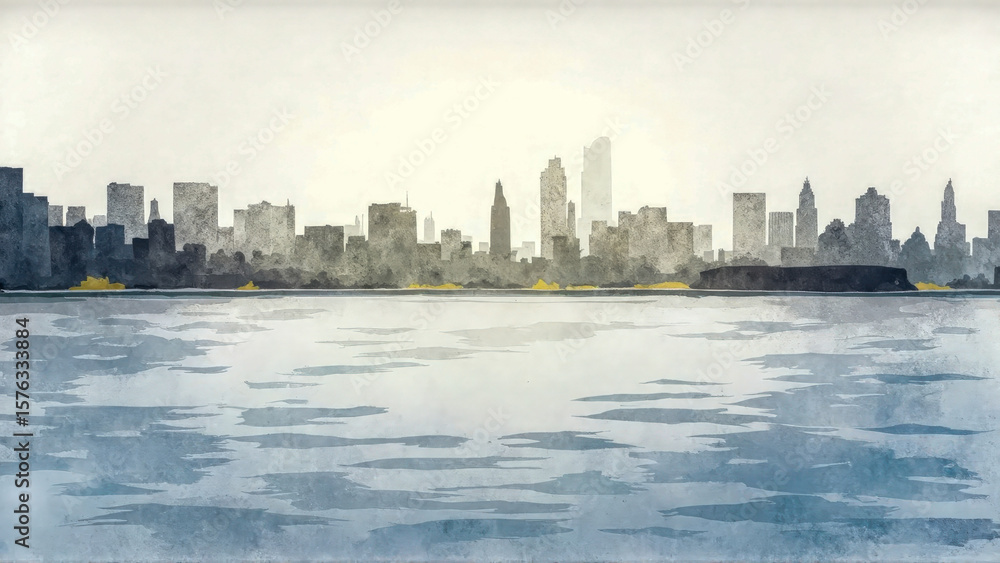 Obraz premium The majestic silhouette of New York’s skyline stretches across the horizon, reflecting urban sophistication and cultural energy. Ideal for backgrounds, websites, and promotional materials emphasizing 