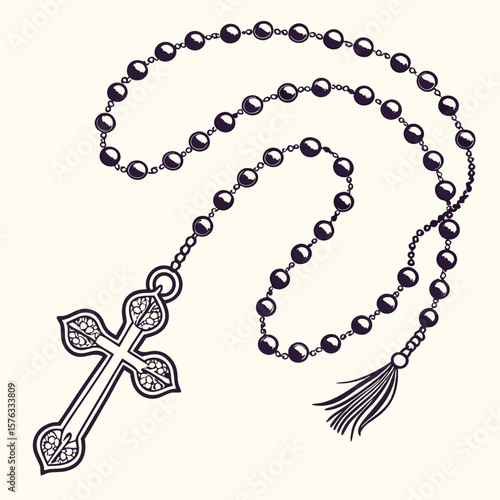 Traditional rosary beads with cross and tassel in black outline  