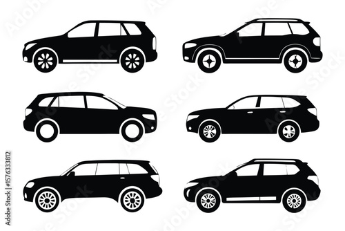 SUV Silhouettes: A collection of sleek, black SUV silhouettes showcasing diverse car designs, ready for illustrating concepts like travel and transportation. 