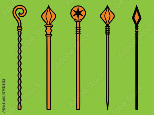 Assorted Magical Scepters and Staffs on Green Background: Fantasy Game Asset Illustration