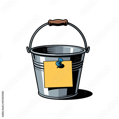 Bucket List Note: A simple metallic bucket is accompanied by a pinned note, which invites the viewer to fill it with dreams and plans, a minimalist illustration. 