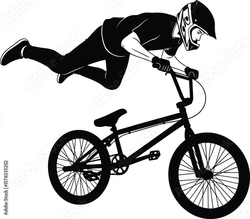 Dynamic BMX Rider Performing Mid-Air Stunt, Extreme Sports Athlete, Freestyle Bicycle Trick, Adrenaline and Action Illustration, Silhouette Design.
