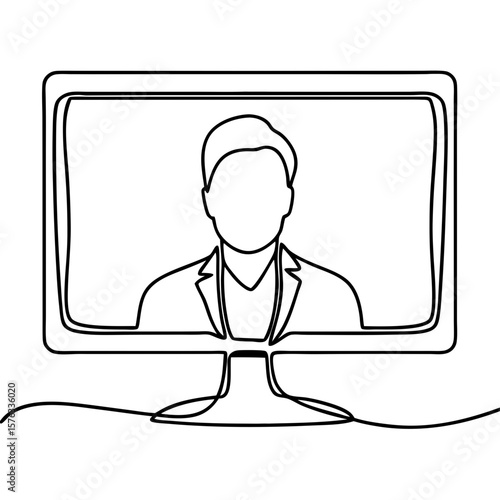 Person in a video conference shown in continuous line art on a desktop monitor, single stroke style. Person in a video conference is depicted with simple elegance, emphasizing connection.