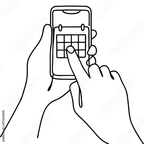 Person setting calendar reminder shown in minimalist line art of hands holding smartphone displaying calendar. Setting calendar reminder to stay organized, person taps screen and makes arrangements.