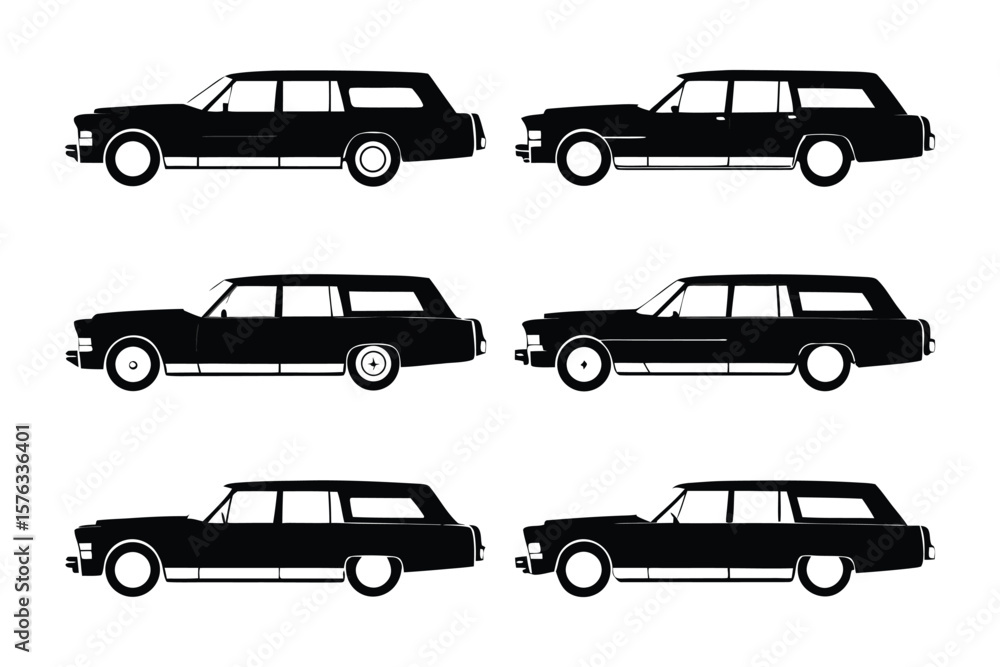 Fototapeta premium Vintage Estate Cars: A series of classic estate cars, elegantly silhouetted in stark black, represent the charm of a bygone era, a timeless testament to automotive design and functionality.
