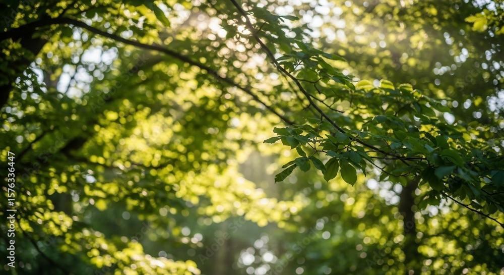 Fototapeta premium Sunlight Filtering Through Lush Green Canopy, Creating Bokeh and a Sense of Tranquility