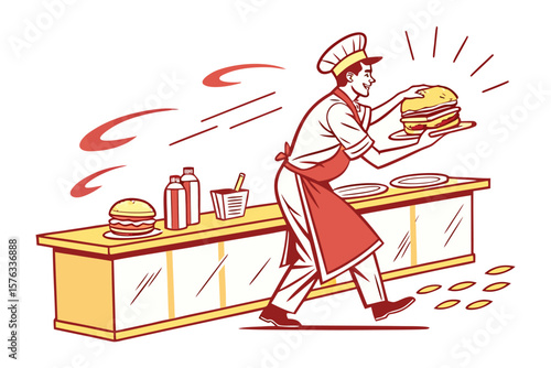 Fast Food Frenzy: An energetic chef strides confidently, expertly presenting a freshly made burger, embodying the vibrant heart of a bustling eatery. 