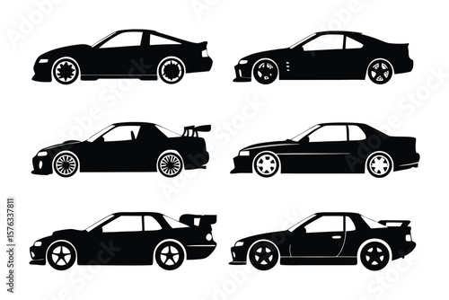 Automotive Silhouette Showcase: A dynamic array of sleek, black silhouette car designs against a clean backdrop. Showcasing the various automotive aesthetics.