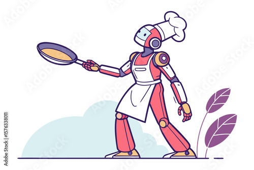 Culinary Automation: A futuristic illustration depicts a robotic chef poised with a cooking pan, ready to prepare a delicious meal. It captures the essence of innovation, precision.