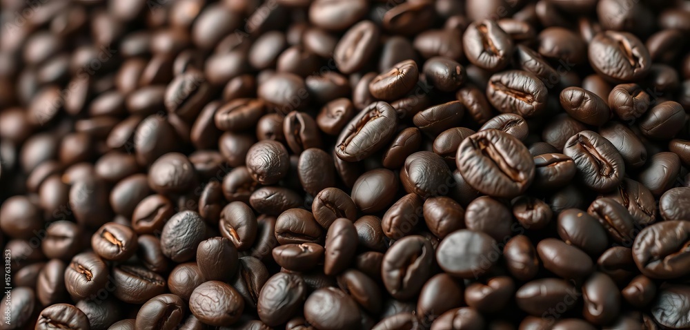 Fototapeta premium Intricate texture of dark roasted coffee beans, close-up, morning, pattern