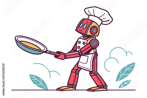 Robot Chef Tossing Food: A charming robot chef in full regalia expertly flips food in a pan, bringing futuristic flair and culinary skill to the kitchen.