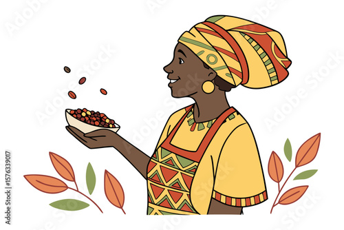 Warmth in the Harvest: A stylized African woman, adorned in traditional attire, gracefully presents a bowl of freshly harvested beans, encapsulating the essence of culinary heritage.