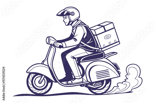 Swift Delivery: An illustrated, modern food delivery courier swiftly navigates the cityscape on a vintage scooter, efficiently transporting food to a hungry customer.