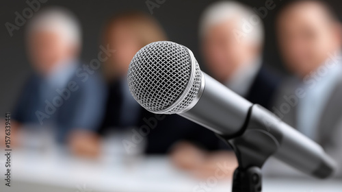 Close-Up of Professional Microphones at Business Conference Table with Blurred Audience in Background – Public Speaking and Leadership Communication Concept, microphones, public speaking, business 