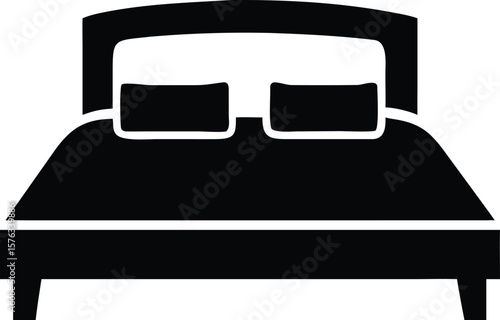 Black Silhouette Double Bed Icon Two Pillows Headboard Footboard Simple Minimalist Bedroom Furniture Graphic