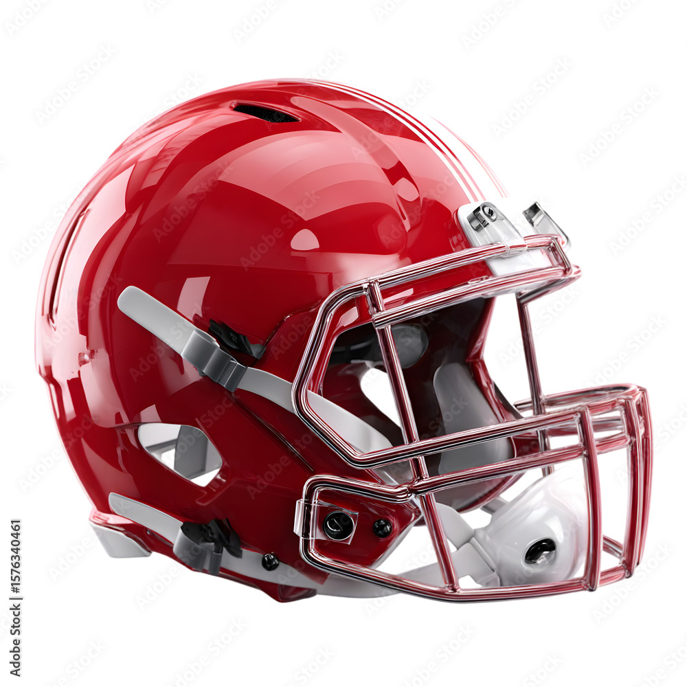 Fototapeta premium Crimson Football Helmet: A vibrant crimson football helmet, complete with a sturdy facemask and sleek white stripe, stands ready for game day.