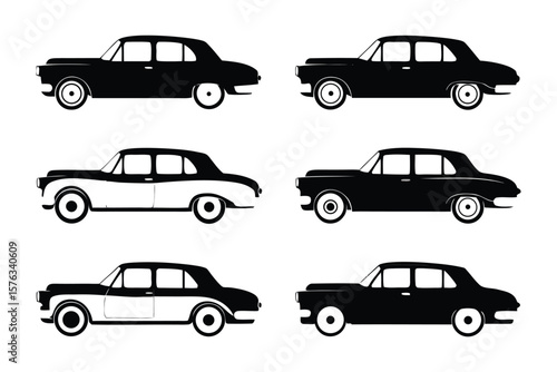 Retro Car Silhouettes: A series of black and white retro car silhouettes capturing vintage automobile design.