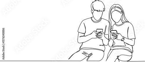 continuous single line drawing of two teenagers sitting together using their smartphones, line art vector illustration