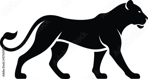 Black Silhouette of a Lioness Walking Side Profile Elegant Strong Powerful Wild Cat Animal Graphic Design