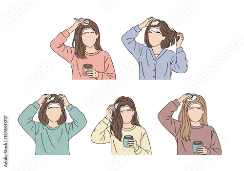 Diverse Lineart Female with Dandruff Hair Problems Head Care Illustration