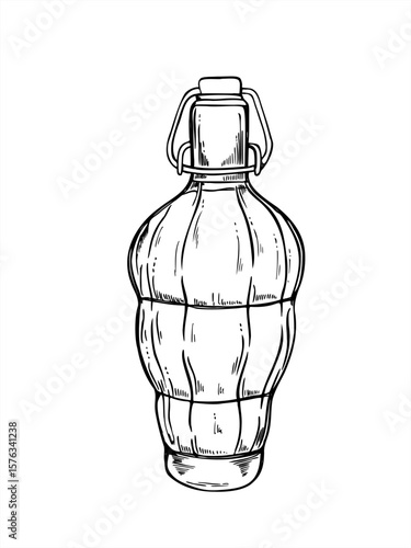 Oval ribbed bottle with flip top reusable closure monochrome vector illustration. Etching drawing of glass bottle with drink for limoncello, craft lemonade, artisanal liqueurs, beverage packaging.