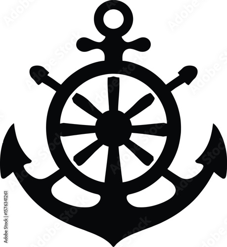 Simple black silhouette of an anchor and ship's wheel, perfect for nautical themed designs.
