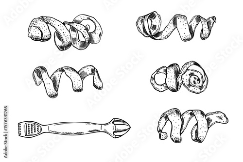 Monochrome vector set with whole spiral lemon peel and kitchen tool for zester, peeler and juicer. Citrus gadget line art for cooking blogs, bar equipment, fruit packaging, culinary infographics