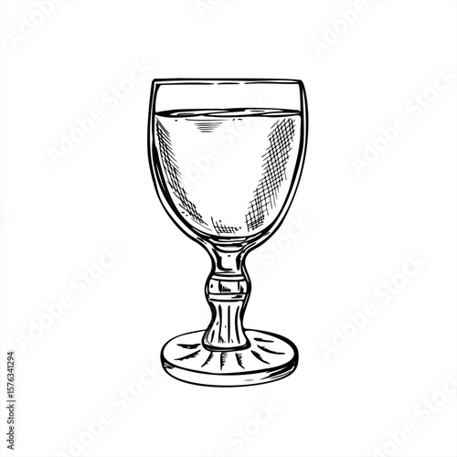 Monochrome vector illustration of small stemmed glass with drink for water, wine, vodka, liqueur or limoncello. Wineglass for bar menu, alcohol branding, upscale packaging, cocktail event graphics