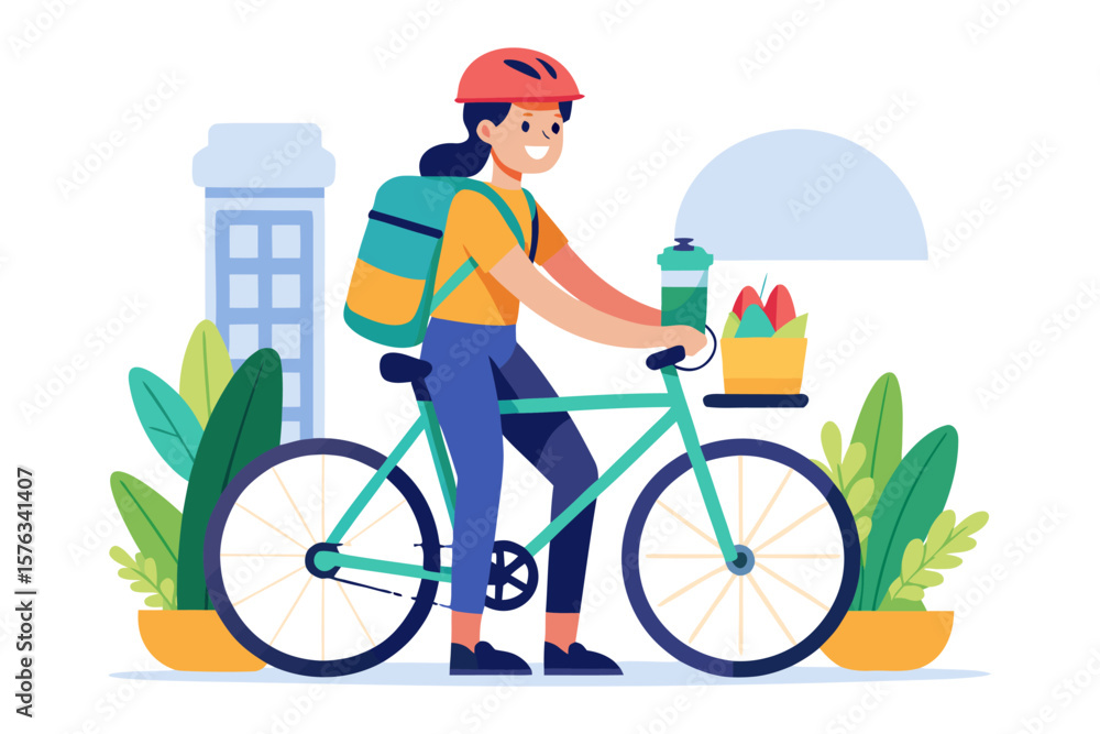 Obraz premium Delivering Delight: An illustration of a smiling courier on a bicycle, navigating a city with a fresh, eco-friendly delivery, embodying convenience and sustainability.