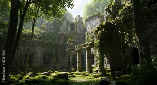 Ancient temple ruins overgrown with lush vegetation in a sunny forest setting, photo