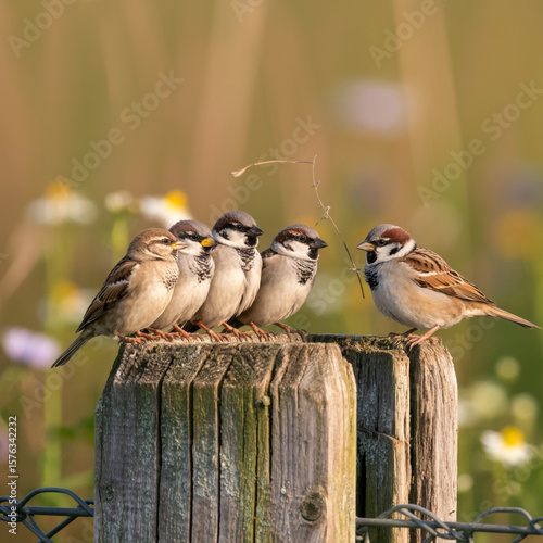 Five sparrows perched on a weathered wooden post birds