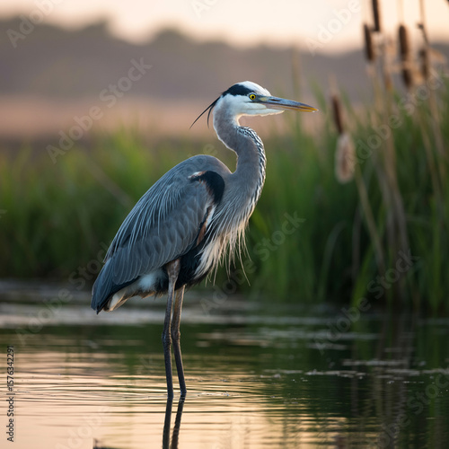 Great Blue Heron standing in shallow water at sunrise